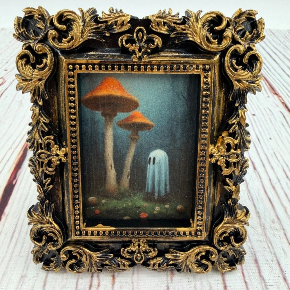 Miniature Ghost and Mushroom Art Print in Ornate Black and Gold Resin Frame